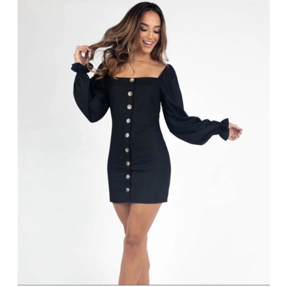 NWT KITTENISH Talk Flirty Black Linen Blend Square Neck Mini Dress